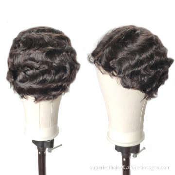 Short Human Hair Wigs For Women Brazilian Hair Machine Made Non Lace Wig Ocean Wave Natural Color 8Inches Human Hair Wig